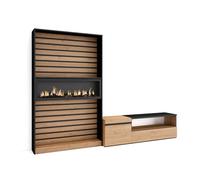 Muebles de salón para tv, conjunto de muebles comedor, 260x35x186cm, para tv hasta 65", chimenea eléctrica, estilo moderno, roble y negro