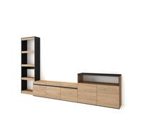 Muebles de salón para tv, conjunto de muebles comedor, 310x35x186cm, para tv hasta 65", mueble televisión, estilo moderno, roble y negro