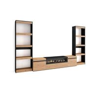 Muebles de salón para tv, conjunto de muebles comedor, 320x35x186cm, para tv hasta 80", chimenea eléctrica, estilo moderno, roble y negro