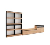 Muebles de salón para tv, conjunto de muebles comedor, 370x35x186cm, para tv hasta 65", chimenea eléctrica, estilo moderno, roble y negro