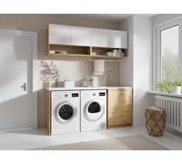 Muebles para el cuarto de la lavadora con encimera - 182 cm de ancho - blanco y natural claro - NATAJI