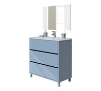 MUEBLES PITARCH | Conjunto Mueble de Baño con Lavabo cerámico y Espejo Incluido, Azul, 3 Cajones, 80cm, Ancho con Patas, Roble Cambrian, para Lavabo encastrado, Estilo Moderno Modelo Kalma