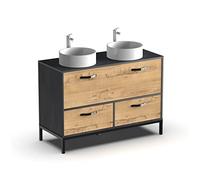 Muebles Pitarch | Conjunto Mueble de Baño Doble con 2 Lavabos cerámicos incluidos, 120cm ancho, Negro y Roble Gold, 2 Cajones y 1 Puerta, modelo Sena