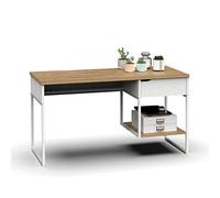 Muebles Pitarch | Mesa Despacho con Pata Metálica,curva pasacables en tapa,1 Cajón y 1 Estante con estructura metálica, Ordenador o Estudio, , Blanca y Roble Gold, 76x137,5x67cm ,Moderna