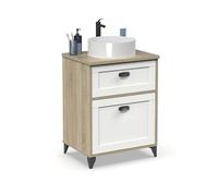 MUEBLES PITARCH | Mueble de Baño 60cm Ancho con Lavabo cerámico Incluido, con Patas, Cajón guías Cierre Suave, 1 Puerta, Blanco y Roble Cambrian, Estilo Vintage Modelo Toscana