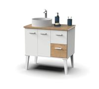 MUEBLES PITARCH | Mueble de Baño 80cm Ancho, con Patas Altas, 2 Cajones 2 Puertas, para Lavabo de sobreponer, Blanco y Roble Gold, Estilo Moderno Nórdico Vintage Modelo Aqua