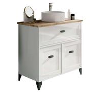 MUEBLES PITARCH | Mueble de Baño 80cm Ancho con Patas, Cajón guías Cierre Suave, 2 Puertas, para Lavabo de sobreponer, Blanco y Roble Cambrian, Estilo Vintage Modelo Toscana