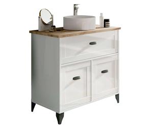 MUEBLES PITARCH | Mueble de Baño 80cm Ancho con Patas, Cajón guías Cierre Suave, 2 Puertas, para Lavabo de sobreponer, Blanco y Roble Cambrian, Estilo Vintage Modelo Toscana