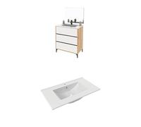 MUEBLES PITARCH| Mueble de Baño con Lavabo y Espejo Incluido, Roble Kraft y Blanco, 3 Cajones, con Patas, 93x80,5x45,5 cm
