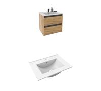 MUEBLES PITARCH| Mueble de Baño de 60cm suspendido con Lavabo Incluido, 2 Cajones, Roble Kraft con un Toque Gris, 61,5x60x45,5 cm