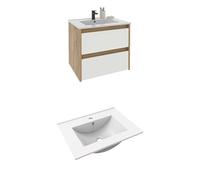 MUEBLES PITARCH| Mueble de Baño de 60cm suspendido con Lavabo Incluido, 2 Cajones, Roble Kraft y Blanco, 61,5x60x45,5 cm
