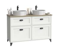 Muebles Pitarch | Mueble de Baño Doble 120cm ancho, con Patas, 2 Cajones guías cierre suave, 2 Puertas, para Lavabos de sobreponer, Blanco y Roble Cambrian, estilo Vintage modelo Toscana