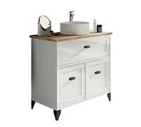 Mueble de Baño con Lavabo cerámico incluido, 80cm ancho, con Patas, Cajón guías cierre suave, 2 Puertas, para Lavabo de sobreponer, Blanco y Roble Cambrian, estilo Vintage modelo Toscana