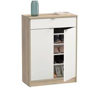 MUEBLES PITARCH | Recibidor Zapatero Mueble Auxiliar de Entrada con cajón y 4 estantes Regulables, Blanco Alto Brillo y Roble Cambrian, 20 Pares de Zapatos, 101x75x36cm, Modelo Berlín