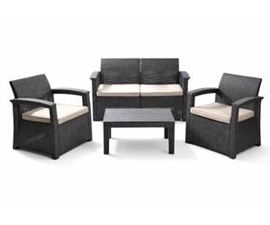 MUEBLIX.COM - Conjunto de Jardín Raeiros, Sofá de 2 Plazas más 2 Butacas y Mesa, Set de Muebles de Jardín Exterior para 4 Personas, Cojín de Tela, Polipropileno con Acabado Ratán, Gris