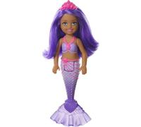 Mueca Barbie Dreamtopia Chelsea Sirena con pelo morado y cola, accesorio para diadema real, mueca pequea que se dobla en la cintura