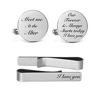 MUEEU Gemelos con clip de corbata y gemelos con texto en inglés "Father of The Bride I Loved Her First Gemelos grabados para aniversario, boda, fiesta, Plata, Acero inoxidable