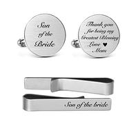 MUEEU Gemelos con clip de corbata y gemelos con texto en inglés "Father of The Bride I Loved Her First Gemelos grabados para aniversario, boda, fiesta, Plata, Acero inoxidable