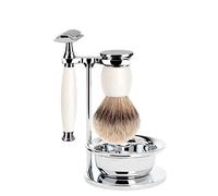 MÜHLE - 4-PC. set afeitado Dachszupf puntas de plata / maquinilla de afeitar - sofista serie - mango porcelana blanca
