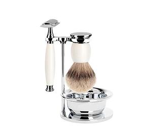 MÜHLE - 4-PC. set afeitado Dachszupf puntas de plata / maquinilla de afeitar - sofista serie - mango porcelana blanca