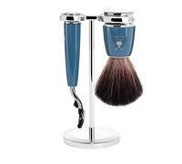 MÜHLE Juego de 3 brochas de afeitar con fibra negra, maquinilla de afeitar de 3 hojas, compatible con cuchillas Gillette, soporte de metal, mango de resina noble/metal, color petróleo/cromado