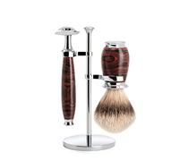 MÜHLE Juego de 3 brochas de afeitar con punta plateada, maquinilla de afeitar hecha a mano, compatible con hoja de afeitar clásica, soporte de metal cromado, mango de ebonita/metal cromado