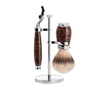 MÜHLE Juego de 3 cepillos de afeitar de fibra Silvertip, compatibles con cuchillas Gillette, soporte, mango de ebonita, metal cromado