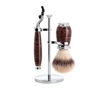 MÜHLE Juego de afeitado, 3 piezas, 3 cuchillas compatibles con cuchillas Gillette y Turbo, cepillo de afeitar de fibra Silvertip, soporte, cromado