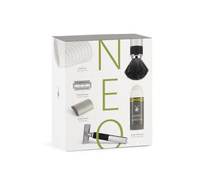 MÜHLE Juego de regalo NEO: juego de afeitado y brocha de afeitar, incluye palo de afeitar, protector de cuchilla, paquete de 10 hojas de afeitar y toalla de afeitar de algodón