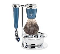 MÜHLE Rytmo - Juego de afeitado (3 piezas, compatible con cuchillas Gillette, cepillo de pelo de tejón puro, soporte con bandeja, mango de resina noble), color azul