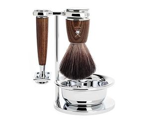 "Mühle Rytmo - Juego de afeitado (4 piezas, maquinilla de afeitar, pelo sintético Black Fibre, mango de madera de fresno oscura)"