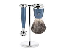 MÜHLE Rytmo - Maquinilla de afeitar y brocha de afeitar para pelo de tejón puro, soporte, mango de resina noble, color azul
