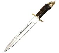 Muela Cuchillo ALCARAZ-26N hoja de acero ACX-380 de 26 cm y empuñadura de ciervo con pomo cabeza de jabali para Caza Realizado en Ciudad Real + Portabotellas de regalo