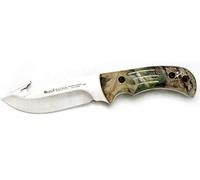 Muela Cuchillo BISONTE-11AP hoja de acero MoVa de 11,5 cm y empuñadura de sintético camuflaje para Caza, Pesca, Supervivencia y Bushcraft Realizado en Ciudad Real + Portabotellas de regalo