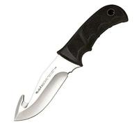 Muela Cuchillo BISONTE-11G hoja de acero MoVa de 11,5 cm y empuñadura de goma negra para Caza, Pesca, Supervivencia y Bushcraft Realizado en Ciudad Real + Portabotellas de regalo