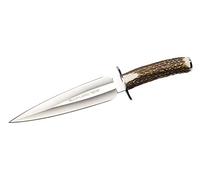 Muela Cuchillo CARIBU.A Hoja de Acero MoVa de 22 cm y empuñadura de asta de Ciervo para Caza, Pesca, Supervivencia y Bushcraft Realizado en Ciudad Real + Portabotellas de Regalo