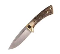 Muela Cuchillo Colibri COL-7A hoja de acero MoVa de 7 cm y empuñadura de asta de ciervo para Caza, Pesca, Supervivencia y Bushcraft Realizado en Ciudad Real + Portabotellas de regalo