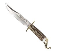 Muela Cuchillo de Caza BIG FIVE ELEPHANT ELEPHANT-16BF con hoja de acero inox ACX-380 de 16 cm y asta de ciervo de 13 cm pomo decorado para Caza Supervivencia y Bushcraft + Portabotellas de regalo