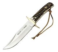 Muela Cuchillo de caza BW-CLASIC-16A con hoja de acero inoxidable ACX-380 de 16 cm y empuñadura de asta de ciervo para Caza, Pesca, Supervivencia y Bushcraft + Portabotellas de regalo
