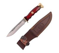 Muela Cuchillo de caza COMF-10 con hoja de acero inoxidable MoVa de 10 cm y empuñadura de madera de coral para Caza, Pesca, Supervivencia y Bushcraft + Portabotellas de regalo