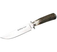 Muela Cuchillo de caza ELK-14A.I con hoja de acero inoxidable ACX-380 y empuñadura de asta de ciervo para Caza, Pesca, Supervivencia y Bushcraft + Portabotellas de regalo