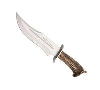 Muela Cuchillo de caza LOBO-23S hoja de acero inoxidable MoVa de 23 cm y empuñadura de asta de ciervo para Caza, Pesca, Supervivencia y Bushcraft + Portabotellas de regalo