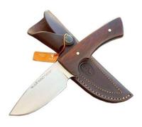 Muela Cuchillo de Caza RHINO-10R con Hoja de Acero Inoxidable MoVa de 10 cm y empuñadura de Madera de Coral de 12 cm para Caza, Pesca, Supervivencia y Bushcraft + Portabotellas de Regalo