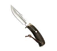 Muela Cuchillo de lujo BRACO-11A hoja de acero MoVa de 11 cm y empuñadura de asta de ciervo para Caza, Pesca, Supervivencia y Bushcraft Realizado en Ciudad Real + Portabotellas de regalo