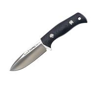 Muela cuchillo de supervivencia TUAREG-10M con hoja de acero Sandvik 14C28N de 10 cm y empuñadura de Micarta negra y azul de 11 cm para Caza, Pesca, Supervivencia y Bushcraft + Portabotellas de regalo