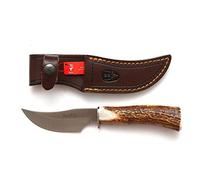Muela Cuchillo DP-10A hoja de acero MoVa de 10 cm y empuñadura de asta de ciervo para Caza, Pesca, Supervivencia y Bushcraft Realizado en Ciudad Real + Portabotellas de regalo