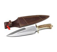 Muela Cuchillo Gran Duque DUQUE-25A hoja de acero MoVa de 26 cm y empuñadura de asta de ciervo para Caza, Pesca, Supervivencia y Bushcraft Realizado en Ciudad Real + Portabotellas de regalo