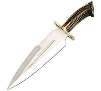 Muela Cuchillo Gran Duque DUQUE-25S hoja de acero MoVa de 26 cm y empuñadura de roseta de ciervo para Caza, Pesca, Supervivencia y Bushcraft Realizado en Ciudad Real + Portabotellas de regalo