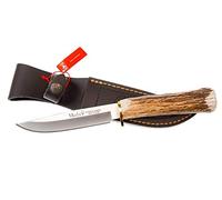 Muela Cuchillo GREDOS GRED-12A hoja de acero MoVa de 12 cm y empuñadura de asta de ciervo para Caza, Pesca, Supervivencia y Bushcraft Realizado en Ciudad Real + Portabotellas de regalo