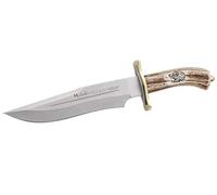 Muela Cuchillo MAGNUM-23 hoja de acero MoVa de 23 cm y empuñadura de asta de ciervo para Caza, Pesca, Supervivencia y Bushcraft Realizado en Ciudad Real + Portabotellas de regalo